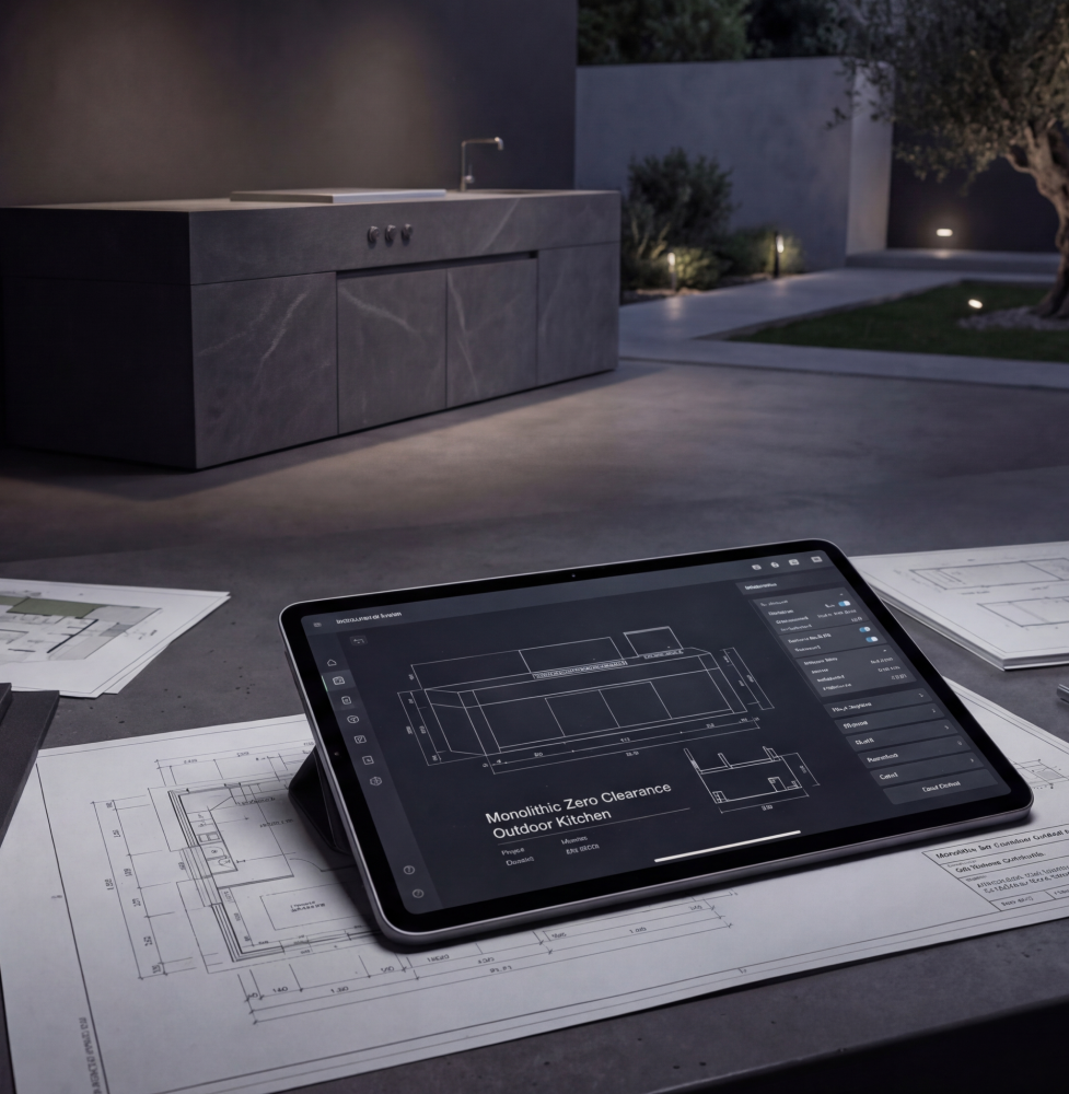 About A dark, minimal architectural courtyard workspace with a tablet displaying digital blueprints for an asynchronous audit. Physical plans, dark stone material samples, and professional technical pens are spread on concrete. In the background, a monolithic dark stone outdoor kitchen bar stands near a manicured olive tree.