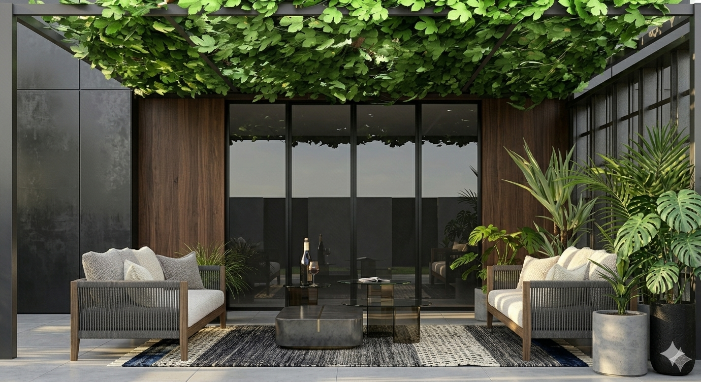 A symmetrical view of a luxury outdoor patio lounge. Two woven rope-backed sofas and a glass coffee table set with a wine bottle sit on a geometric rug. The background includes vertical wood panels and a leafy ivy trellis. Large potted Monstera and Yucca plants are on the right.