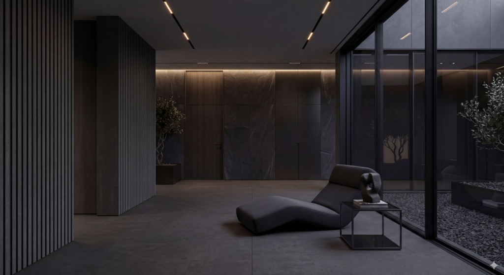 About A moody minimalist architectural atrium featuring dark ribbed concrete, seamless smoked glass panels, and recessed ambient lighting over a custom ergonomic lounger.