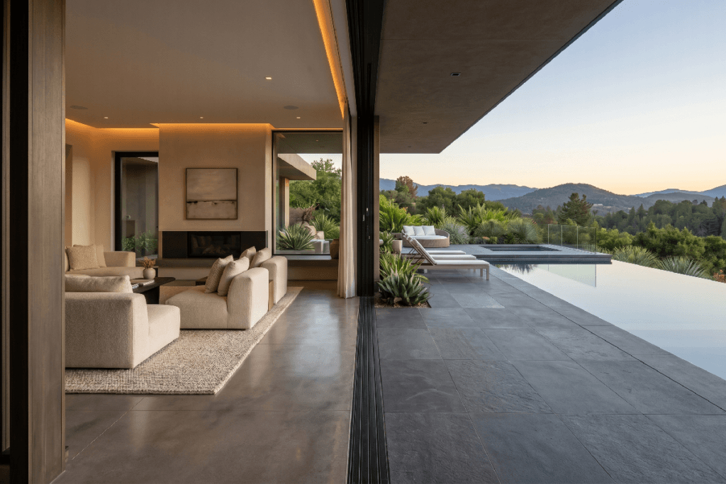 Massive pocketing glass doors fully retracted, creating a seamless architectural transition between a warm, luxury modern living room and an immaculate outdoor patio featuring an infinity pool overlooking a sunset landscape.