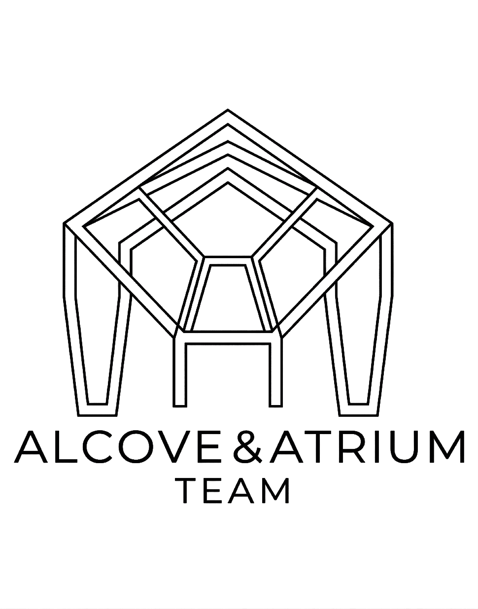 Alcove and Atrium Team logo featuring a minimalist, geometric silver line drawing of an architectural atrium structure against a black background.