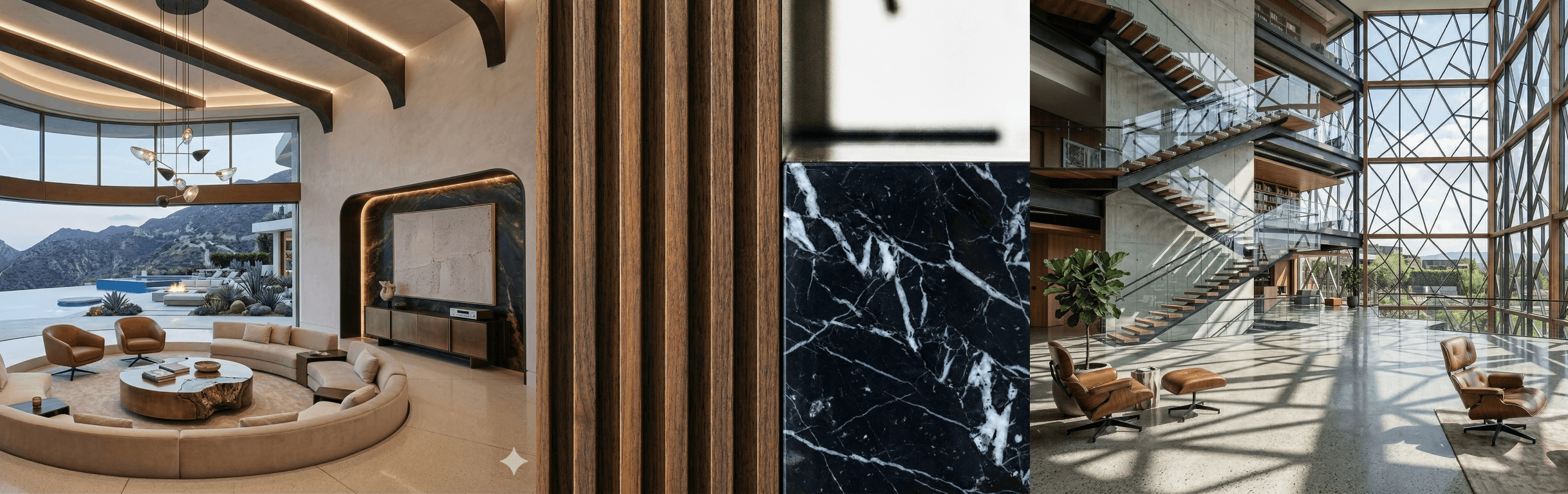 A vertical triptych composite image. The left panel shows a luxury modern hillside home at dusk with a massive curved glass facade, an infinity pool, a fire pit, and mountain views. The central panel displays detailed close-ups of fluted wood paneling and black marble with white veining and polished metal trim. The right panel shows a spacious modern office interior with a complex geometric glass atrium wall and a prominent multi-flight glass and steel cantilevered staircase casting shadows on the floor.