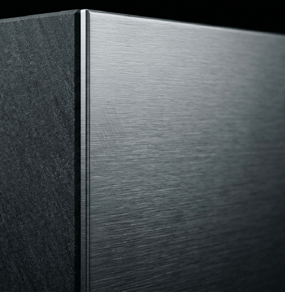 Ultra-close-up macro shot showcasing the seamless architectural intersection of precision-milled brushed marine-grade stainless steel (316L) and dark charcoal basalt.