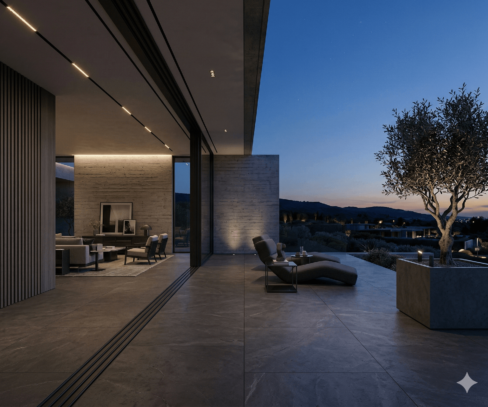 Alcove & Atrium hero image illustrating an ultra-luxury indoor-outdoor architectural transition, featuring minimal-frame sliding glass, continuous sintered stone flooring, and an illuminated modern patio at dusk.