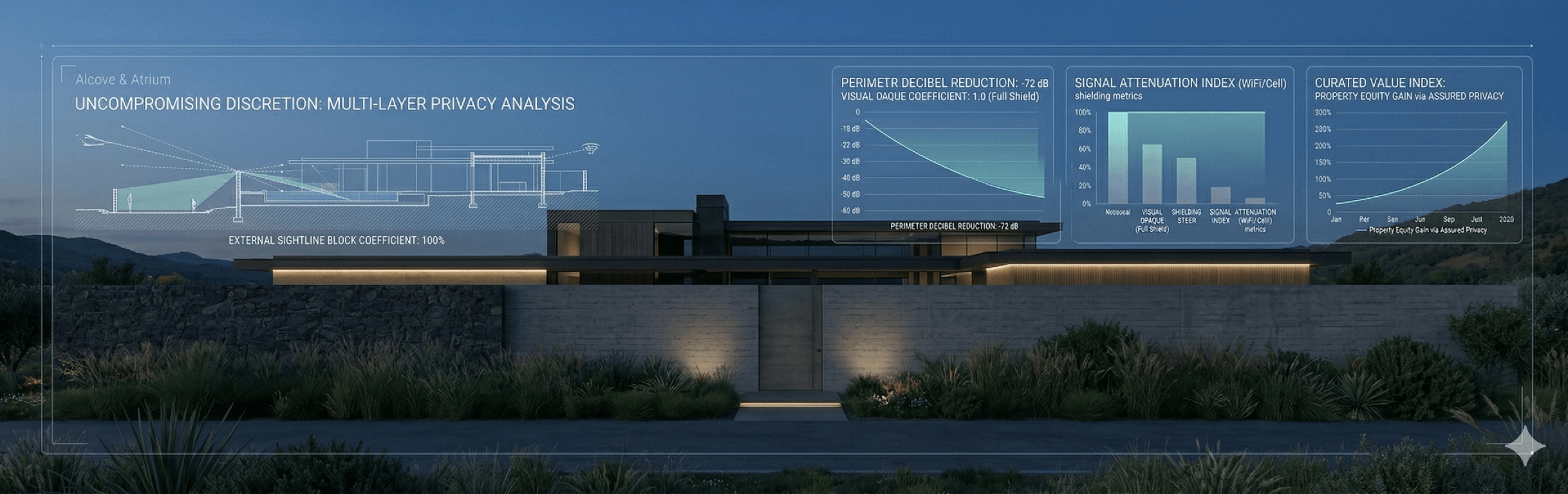 An panoramic visualization of a luxury modern home at night with blue holographic data overlays. The overlays analyze privacy metrics, including sightline blocking schematics, perimeter decibel reduction charts, signal attenuation indices, and a graph connecting property equity to assured privacy.