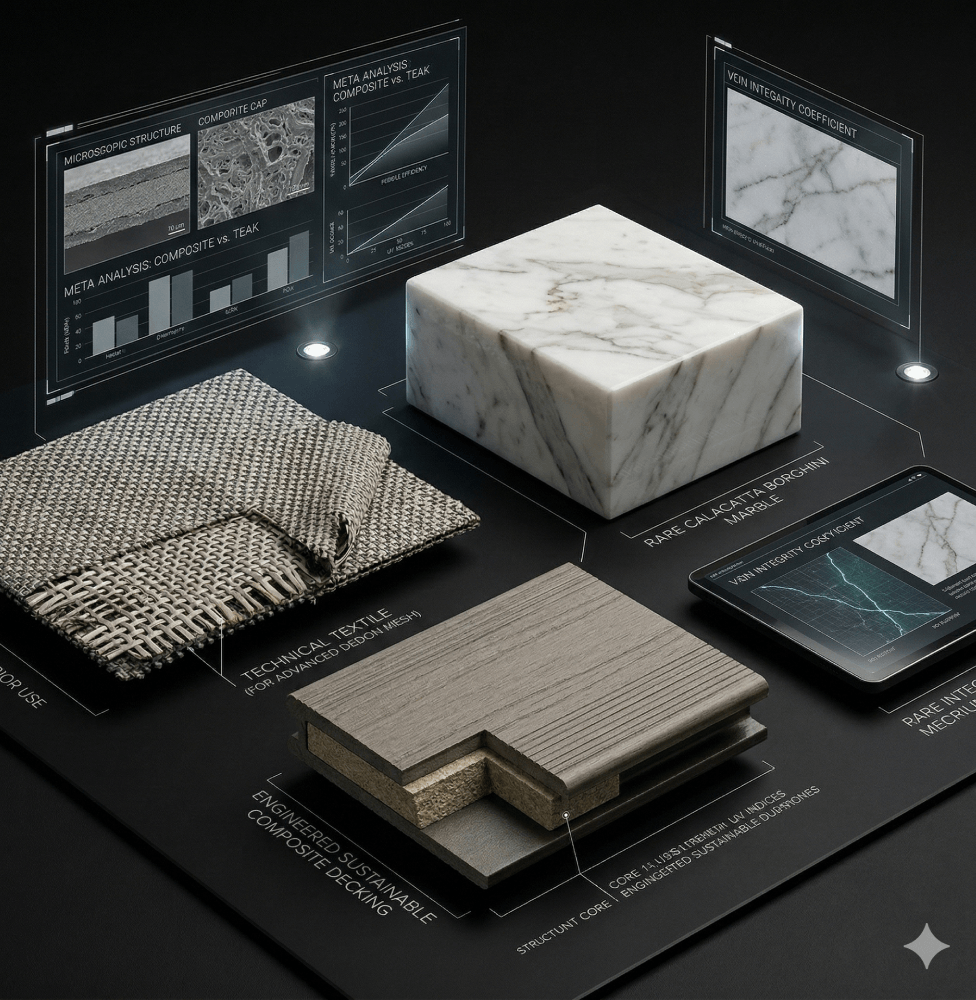 Macro photography of luxury building materials including Calacatta Borghini marble and engineered composite decking, overlaid with technical specifications and performance data.