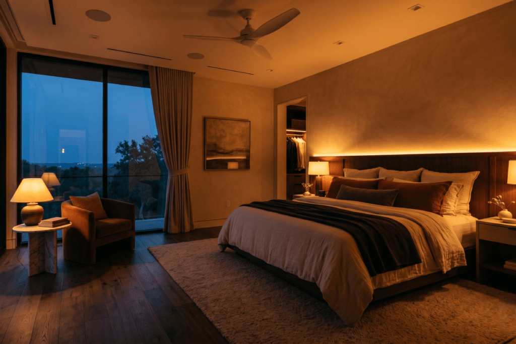 A luxury primary suite at dusk featuring dynamic circadian rhythm lighting. The room is bathed in a warm, 1,400-Kelvin amber hue that mimics candlelight, contrasting beautifully with the blue twilight visible through the floor-to-ceiling windows.