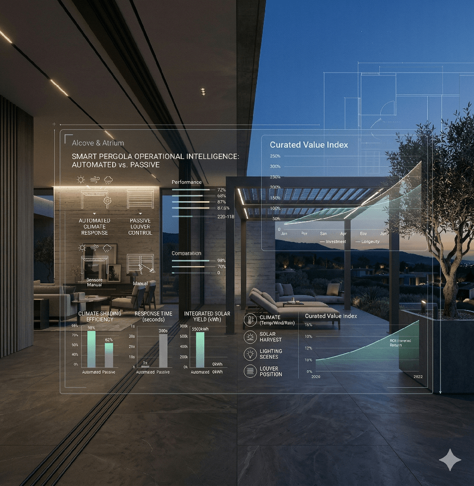 A high-end smart bioclimatic pergola integrated into a luxury modern patio at dusk, featuring a transparent holographic overlay that displays automated climate response data and a Curated Value Index ROI chart.