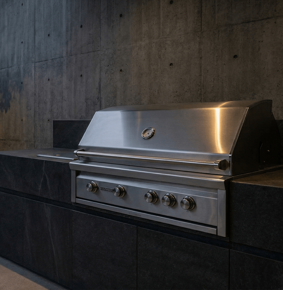 Flush-mounted marine-grade stainless steel grill integrated into a monolithic dark basalt outdoor kitchen counter against an architectural concrete wall.
