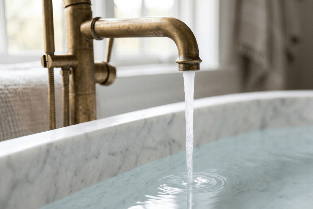 A macro-detail architectural shot of a heavy, unlacquered brass Waterworks faucet pouring crystal-clear, reverse-osmosis purified water into a freestanding white marble soaking tub in a luxury primary suite.