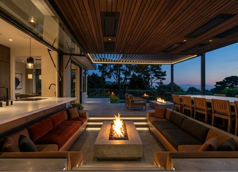 A sunken outdoor living room featuring a custom linear gas fire pit and flush-mounted infrared ceiling heaters for year-round comfort.