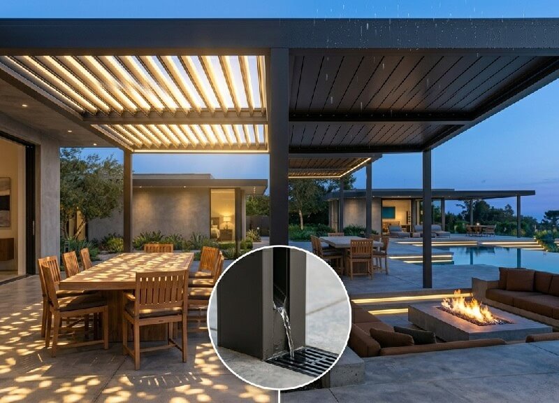 Architectural close-up of a dark aluminum louvered pergola, showing half the roof open to the sun and the other half sealed closed to the rain, with a detailed inset of the internal gutter drainage system.