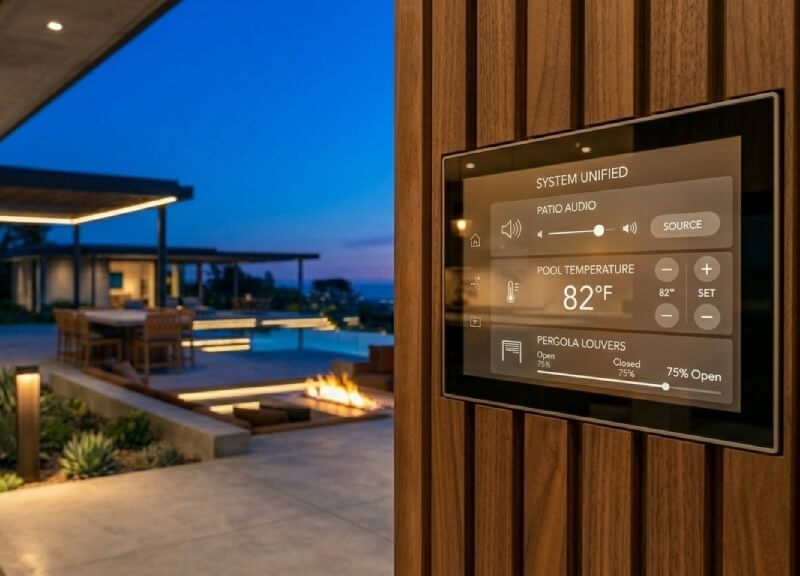 Close up of a unified smart home touch panel controlling outdoor patio features like lighting, audio, and pool temperature.