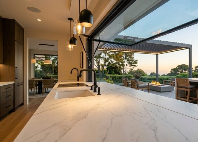 Seamless indoor-outdoor kitchen featuring a gas-strut pass-through window and continuous sintered stone countertops.