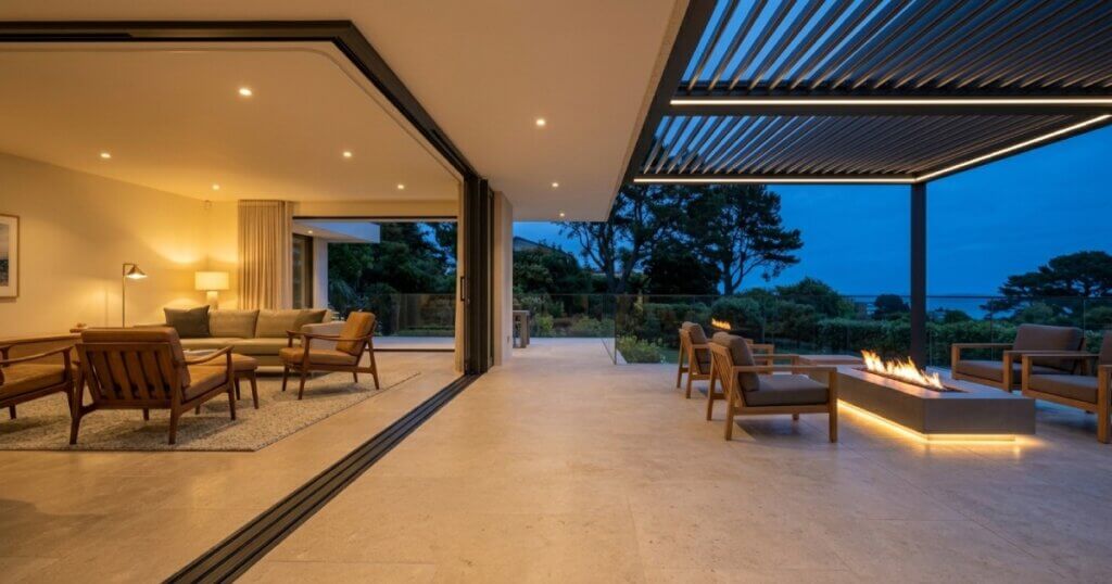 A luxury modern home featuring completely open glass walls and zero-clearance flooring transitioning seamlessly to an outdoor living space with a pergola.