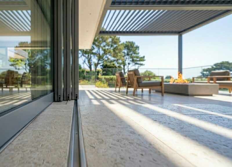 Ground-level macro shot of a zero-clearance glass door opening, showing the perfectly flush, trackless continuous limestone flooring transition.